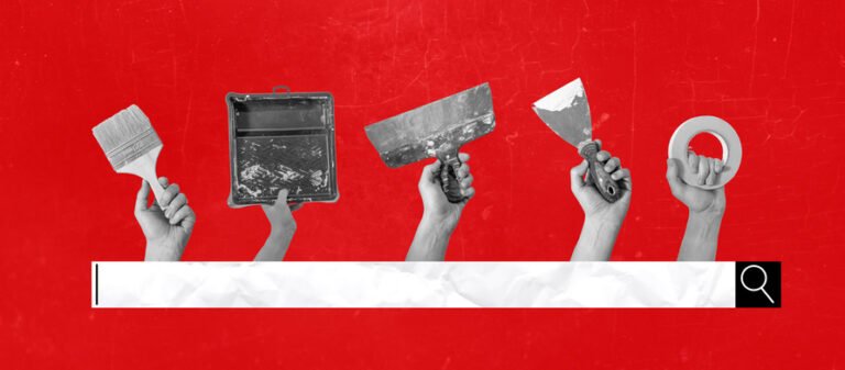 Art collage of hands with tools on a surreal background, Internet search icons