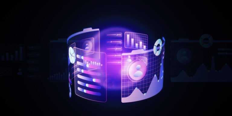 Digital holographic interface with charts and graphs on a dark background