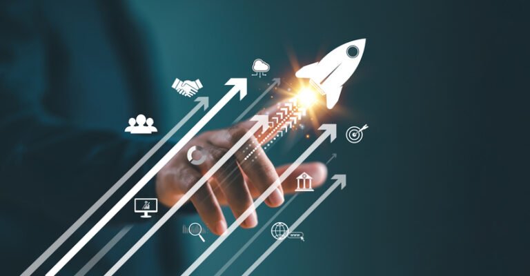 Growth strategy busines trend concept. Businessman hand on arrow investment icon. Increase sale marketing, increase success potential, soar rocket towards wealth