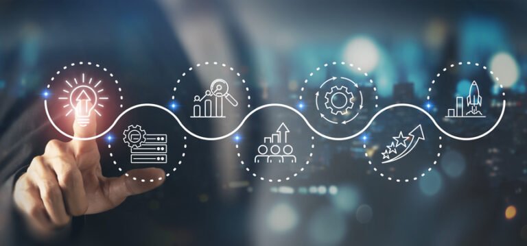 Business Innovation and Growth Strategy Concept. A hand interacts with a digital interface icons symbolizing innovation, data analysis, teamwork, process optimization and business growth